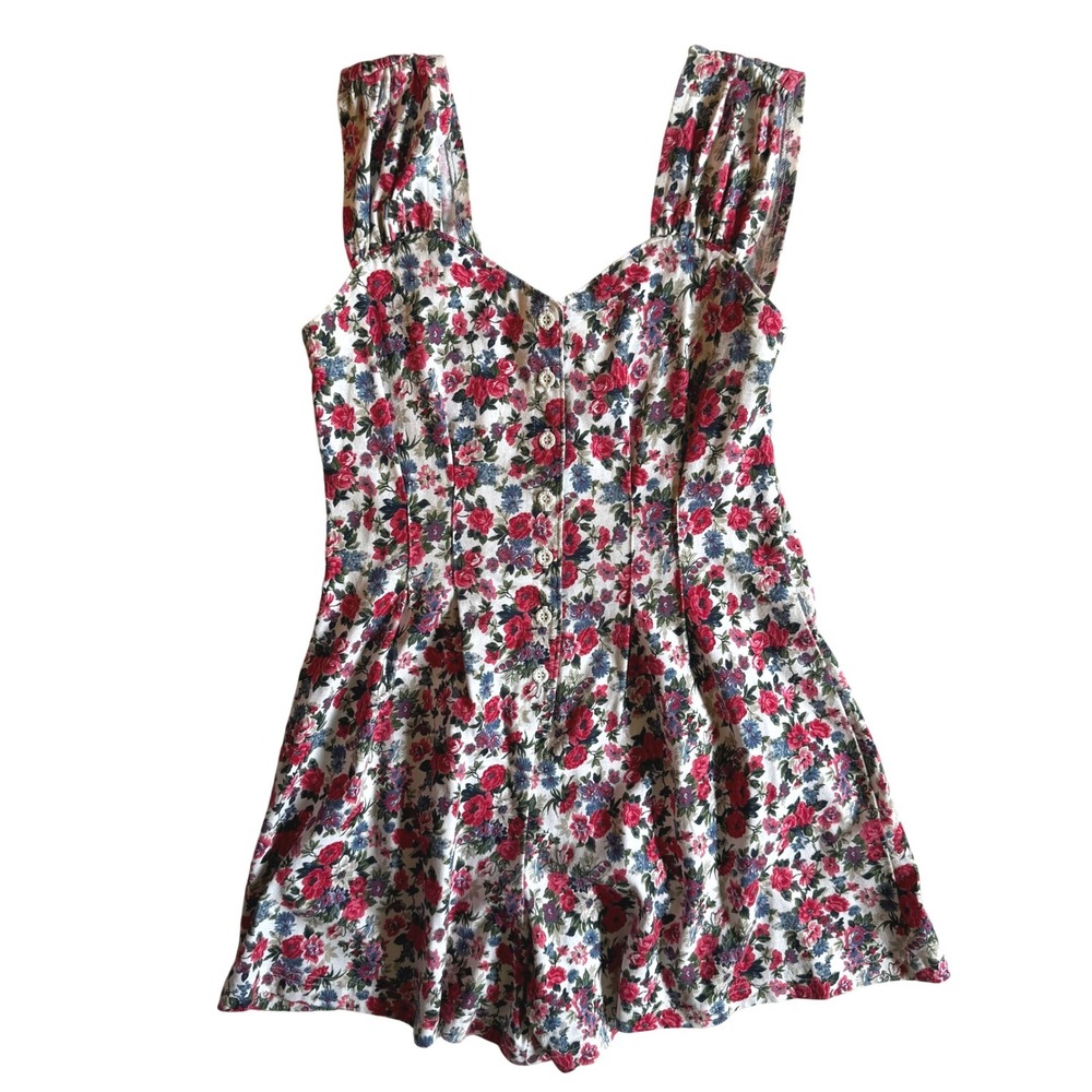 Hana Vintage Cottagecore Floral Womens Button Front Romper White Cotton Blend